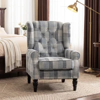 HOMCOM Faux Linen Armchair with Thick Spring Cushion, Wingback Accent Chair with High Back, Solid Wood Legs, Mixed Plaid(m-8)