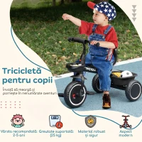 AIYAPLAY Tricicletă pentru Copii 2-5 Ani cu Scaun Reglabil, Coș și Apărătoare de Noroi, Negru(m-4)