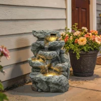 Outsunny Outdoor Fountain with 6-Tier Rock Design, Waterfall Feature with LED Lights, Resin Freestanding Garden Fountain, Grey(m-14)