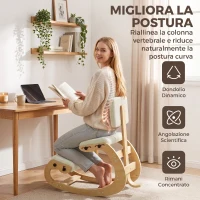 HOMCOM Sedia Ergonomica Inginocchiata in Tessuto Effetto Lino e Compensato di Betulla, Crema(m-4)