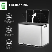HOMCOM Mülleimer mit 3 x 10 L Fächern, Deodorant-Deckel, fingerabdrucksicher, Soft-Close, herausnehmbar, Silber(m-6)