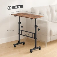 HOMCOM Overbed Table Adjustable Height Sofa Side Table with Wheels 80 x 40 cm Rustic Brown Black(m-3)