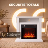 HOMCOM Cheminée Électrique 1800 W, Effet Flamme à 3 Niveaux de Luminosité, Fausse Cheminée avec Manteau, Effet Bois Blanc(m-6)