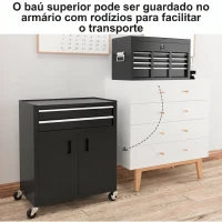 HOMCOM Carro de Ferramentas com Baú Superior, 6 Gavetas, Armário, Fechadura e 4 Ganchos para Garagem e Casa, Preto(m-7)