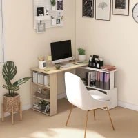 HOMCOM Corner Computer Desk, L Shaped Desk with 360° Rotating Bookshelf, 120L x 110W x 74.5H cm, Natural and White(m-2)