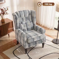 HOMCOM Faux Linen Armchair with Thick Spring Cushion, Wingback Accent Chair with High Back, Solid Wood Legs, Mixed Plaid(m-3)