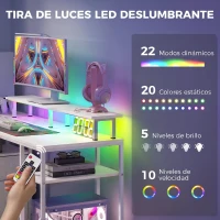 HOMCOM Mesa de Escritorio con Luces LED Cajones Tomas de Corriente Puertos USB y Soporte para Monitor 155,5x48x88,5 cm Blanco(m-4)