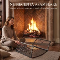 HOMCOM Parascântei Șemineu Pliabil cu 3 Panouri, Protecție Metalică Rezistentă la Căldură, 122x1x74 cm, Negru(m-7)