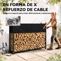 Outsunny Estante de Leña con Funda Oxford 600D y Cables Marco de Acero Galvanizado Carga 500 kg para Interior y Exterior Negro(m-6)