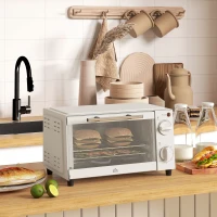 HOMCOM Mini Oven, 9L Countertop Electric Grill, Toaster Oven with Adjustable Temperature, Timer, Dishwasher Safe Baking Tray and Wire Rack, 750W, Cream(m-10)