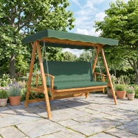 Outsunny 3 Seater 2-in-1 Wooden Garden Swing Seat Swing Chair, Outdoor Convertible Hammock Bench w/cushion, Furniture Lounger Bed, Dark Green(m-10)
