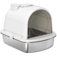 PawHut Lettiera Gatto Chiusa L in Acciaio Inox con Maniglia, Paletta, Pacchetto Deodorante, Antiperdita, Bianco(m-11)