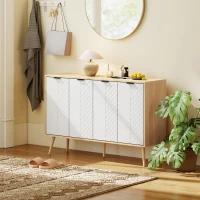 HOMCOM Mueble Buffet Auxiliar con Estantes Ajustables 2 Armarios y Antivuelco Carga 50 kg 120x35x77,4 cm Blanco y Natural(m-10)