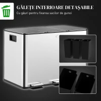 HOMCOM Coș de Gunoi cu 3 Compartimente 10L pentru Bucătărie, Cu Pedale și Capace cu Închidere Silențioasă, Oțel Inoxidabil și PP, 49.6x34.5x38.6 cm, Argintiu(m-7)
