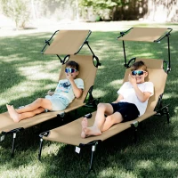 Outsunny 2 Piece Folding Sun Loungers with Canopy, Adjustable Recliner Garden Chairs with Side Pocket, Steel Frame and Breathable Mesh for Outdoor, Pool, Beach, Garden, Tan Brown(m-8)