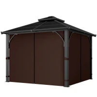 Outsunny 3 x 3(m) Hardtop Gazebo Canopy with 7mm Polycarbonate Double-Tier Roof, Garden Gazebo Permanent Pavilion with Mosquito Netting and Curtains for Patio, Terrace, Brown(m-11)