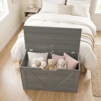 HOMCOM 100L Home Storage Box, with Safety Hinge - Dark Grey Wood-Effect(m-9)
