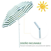 Outsunny Sombrilla de Playa Ø180 cm con Techo Inclinable y Poste de Metal Protección Solar para Jardín Terraza Exterior Rayas Verde y Blanco(m-5)