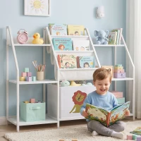 AIYAPLAY Kids Bookshelf and Toy Storage with 3-Tier Sling Book Rack and Fabric Drawer for Nursery, Bedroom, Playroom, White(m-14)