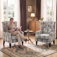 HOMCOM Faux Linen Armchair with Thick Spring Cushion, Wingback Accent Chair with High Back, Solid Wood Legs, Mixed Plaid(m-9)
