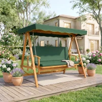 Outsunny 3 Seater 2-in-1 Wooden Garden Swing Seat Swing Chair, Outdoor Convertible Hammock Bench w/cushion, Furniture Lounger Bed, Dark Green(m-2)