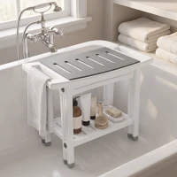 HOMCOM Shower Bench 2-Tier Shower Stool Bathroom with Shelf White and Grey(m-9)