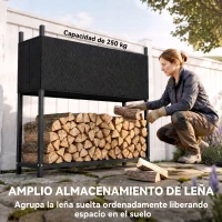 Outsunny Estante de Leña con Funda Oxford 600D Leñero de Acero Galvanizado Robusto Carga 250 kg para Interior y Exterior Negro(m-7)