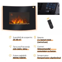 HOMCOM Șemineu Electric de Perete cu 2 Nivele de Încălzire 900-1800W, Flacără 7 Culori Reglabile și Telecomandă, Negru(m-5)