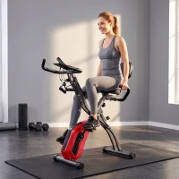 SPORTNOW 4-In-1 Folding Exercise Bike with Resistance Bands, Bluetooth App, 8-Level Magnetic Resistance, LCD Display, Red(m-14)