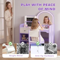 AIYAPLAY Kids Vanity Set, Girls Dressing Table with Stool, 2-Colour Lights Mirror, Pretend Dresser Gift for Ages 3-8, Purple(m-6)