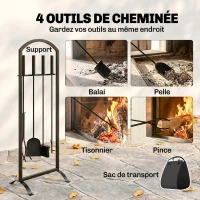 Outsunny Serviteur de Cheminée 6 Pièces avec Sac à Bûches, Brosse, Pelle, Tisonnier, Pince et Support, 30 x 22 x 86 cm, Noir(m-4)