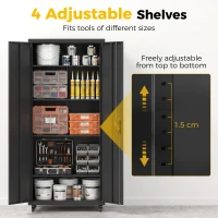 HOMCOM Metal Storage Cabinet, 180 cm Tall Lockable Steel Tool Cabinet with Removable Wheels and Adjustable Shelves, Black(m-6)