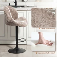 HOMCOM Conjunto de 2 Bancos de Bar Giratórios em Chenille com Altura Ajustável 62-83 cm, Encosto e Apoio para os Pés, Moka(m-7)