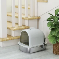 PawHut Lettiera Gatto Chiusa L in Acciaio Inox con Maniglia, Paletta, Pacchetto Deodorante, Antiperdita, Grigio(m-8)