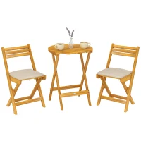Outsunny Balkonmöbel Set 3 teilig Holz klappbar Gartenmöbel Set mit runder Tisch 2 Stühle Sitzkissen Atmungsaktiv Lamellsitz(m-12)