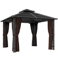 Outsunny 3 x 3(m) Hardtop Gazebo Canopy with 7mm Polycarbonate Double-Tier Roof, Garden Gazebo Permanent Pavilion with Mosquito Netting and Curtains for Patio, Terrace, Brown(m-1)
