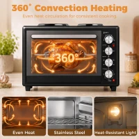 HOMCOM 36L Mini Oven with Dual Hot Plates, Electric Countertop Cooker with Convection, 90–230°C Adjustable Temperature(m-6)