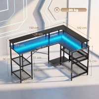 HOMCOM L Shaped Gaming Desk with LED Lights and Power Outlets, 150cm Corner Computer Desk for Small Space, Black(m-3)