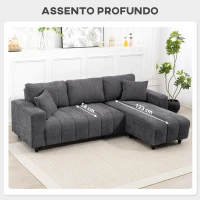 HOMCOM Sofá Chaise Longue Reversível 3 Lugares com 2 Almofadas Estofado em Linho e Estrutura em Aço 242x156x87 cm Cinzento Escuro(m-8)