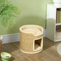 PawHut Tonneau à gratter pour chat, tonneau à chat, recouvert de peluche, capacité de 5 kg, Ø 38 x 37H cm kaki et beige(m-2)