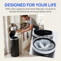 HOMCOM 50L Round Sensor Bin with Quiet Soft-Close Lid, Hands-Free Motion Sensor Touchless Kitchen Bin with Fingerprint Resistant for Hygienic Kitchen, Home Office Use, Black(m-5)