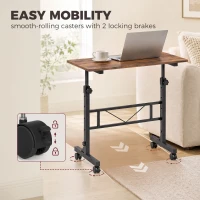 HOMCOM Overbed Table Adjustable Height Sofa Side Table with Wheels 80 x 40 cm Rustic Brown Black(m-5)