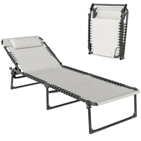 Outsunny Foldable Sun Lounger, Outdoor 4 Level Adjustable Backrest Reclining Chaise Chair, Steel Frame Recliner Chair for Camping, Hiking, Cream White(m-1)
