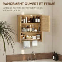 HOMCOM Armoire murale de salle de bain en bambou avec 2 portes ajourées, compartiment ouvert et étagère réglable, bois naturel(m-4)