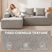 HOMCOM Canapé d'Angle en Chenille, Canapé 3 Places en L 242 cm avec Méridienne, Assise Profonde, Accoudoirs Larges, Gris Clair(m-7)