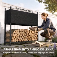 Outsunny Suporte para Lenha com Cobertura Oxford 600D, Aço Galvanizado, 250 kg, Interior e Exterior, Preto(m-5)