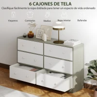 HOMCOM Cómoda con 6 Cajones de Tela Marco de Acero y MDF Cajonera para Salón Oficina Vestidor Blanco y Gris(m-4)