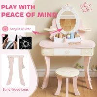 AIYAPLAY Kids Dressing Table, Girls Vanity Set with Mirror and Stool, 7 Play Accessories, Drawer, Desktop Storage, Pink(m-7)
