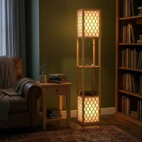 HOMCOM Duo Light Floor Shelves - Natural Wood Finish(m-9)