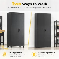 HOMCOM Metal Storage Cabinet, 180 cm Tall Lockable Steel Tool Cabinet with Removable Wheels and Adjustable Shelves, Black(m-5)